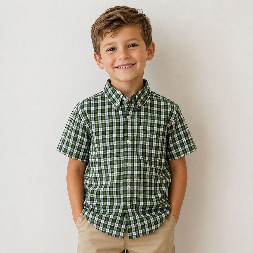 Vintage Old Navy Button Up Shirt Boys Sz 6/7 Green Plaid Short Sleeve Preppy Y2K